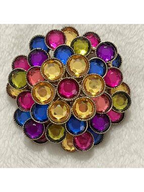 Vintage Multi Color Rhinestone Floral Brooch Pin Gold-Tone 2" Diameter